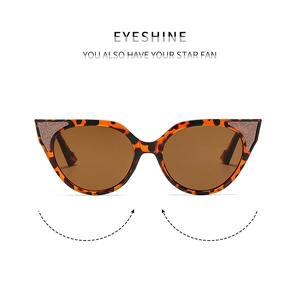 Detailed front view of cat-eye sunglasses with tortoiseshell frames and glitter accents