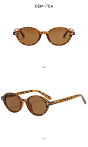 Front and side views of vintage oval sunglasses with tortoiseshell frames and tea lenses