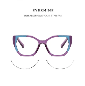 Detail of two-tone purple and blue geometric cat-eye glasses frame for women