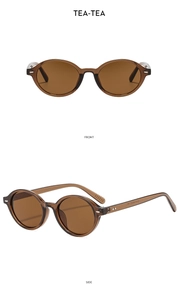 Detailed front and side view of retro tea-colored oval sunglasses with rivet accents
