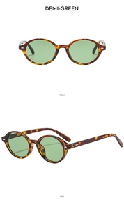 Front and side views of vintage oval demi-green sunglasses with light green lenses