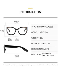 Detailed size chart for cat-eye glasses frame with precise dimensions in cm and inches