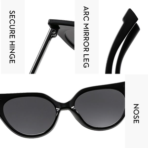 Detail view of cat eye sunglasses showing secure metal hinges and ergonomic arc temples