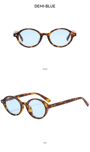 Detailed front and side views of vintage oval tortoise shell sunglasses with blue lenses