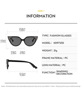 Detailed size chart for cat eye sunglasses showing frame width, height, and arm length