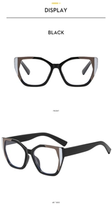 Front and 45-degree side views of black geometric oversized blue light blocking glasses