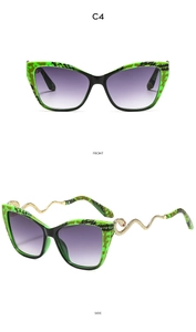 Lunettes œil de chat, monture léopard vert, verres dégradés violets et branches serpent