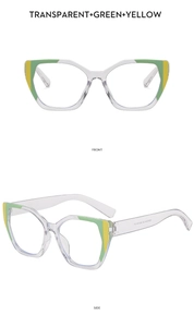 Front and side views of cat-eye glasses frames with green and yellow color blocks