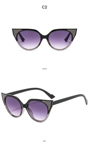 Front and side view of cat-eye sunglasses with purple gradient lenses and glitter accents