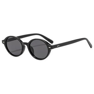Vintage oval sunglasses in black frame with silver rivets and grey UV protection lenses