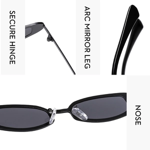 Detail view of Y2K sunglasses showing secure hinges, curved legs and silicone nose pads