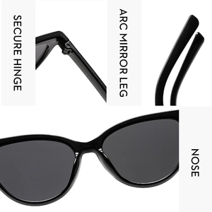 Detailed view of cat eye sunglasses featuring secure hinges, arc legs and nose pads