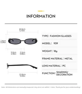 Detailed dimension chart for vintage Y2K narrow oval metal sunglasses with PC lenses
