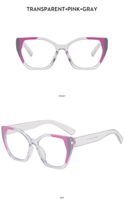 Front and side views of cat eye anti-blue light glasses with pink and gray color blocking