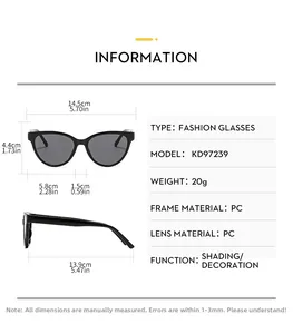 Detailed size chart for cat eye sunglasses showing frame width and lens dimensions