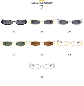 Selective color display of oval Y2K retro sunglasses in various metallic frame finishes
