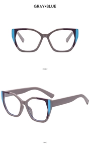 Front and side views of gray and blue cat-eye frames showing geometric fashion design