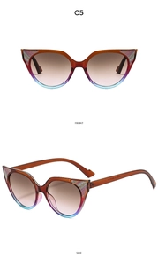 Detailed front and side views of cat eye sunglasses with gradient frames and glitter details
