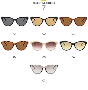 Selective color chart showing seven different cat eye sunglasses frames and lens shades