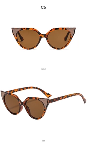 Front and side views of tortoiseshell cat-eye sunglasses with gold glitter detailing
