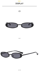 Front and 45-degree side view of vintage Y2K narrow oval sunglasses with black frames