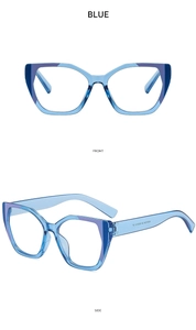 Front and side view of cat-eye blue light glasses with two-tone blue contrast frame