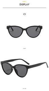 Front and side view of classic black cat-eye sunglasses with thick frames and dark lenses