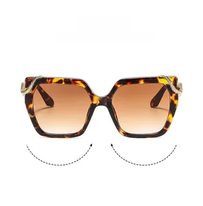 Detail of tortoise frame sunglasses with gradient brown lenses and golden snake temples