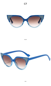 Front and side view of cat eye sunglasses with blue frames and silver glitter accents