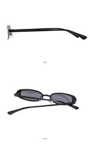 Side and back views of retro Y2K narrow black rectangle sunglasses with sleek metal frames