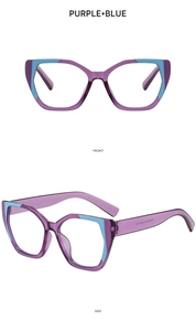 Detailed front and side view of two-tone purple and blue geometric cat eye glasses