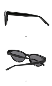 Side and back view of modern black cat-eye sunglasses with dark polarized lenses