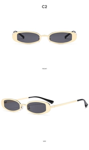 Front and side view of oval narrow frame Y2K vintage sunglasses in light gold metal