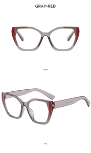Front and side views of cat-eye gray translucent frames with red contrast accents