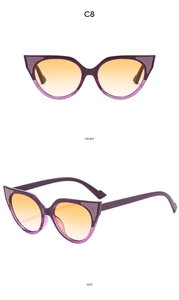 Front and side view of cat-eye sunglasses with purple glitter frames and orange gradient lenses