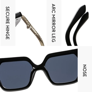 Detail view of square sunglasses showing secure metal hinges and arc temple design