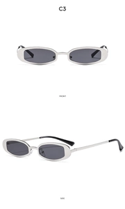 Front and side views of silver metal Y2K sunglasses with dark grey oval lenses