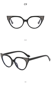 Detailed front and side views of black cat-eye sunglasses with glitter accents on frame