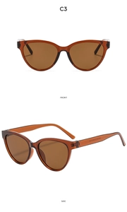 Detail view of amber cat eye sunglasses with C3 brown lenses and side frame specifications