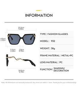 Detailed size chart showing square sunglasses dimensions with golden snake temples