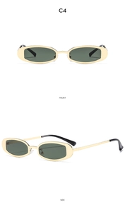 Detailed front and side views of C4 metal oval sunglasses with dark green lenses