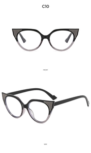 Front and side views of black cat-eye sunglasses with silver glitter accents