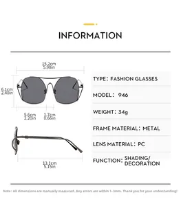Detailed size chart for oversized metal sunglasses with frame and lens measurements