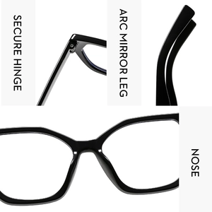 Detailed views of secure hinges and arc mirror legs on black fashion eyewear frames