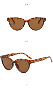 Front and side views of leopard print cat eye sunglasses with brown lenses
