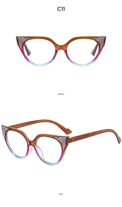 Detailed front and side view of cat-eye sunglasses with colorful gradient frame and glitter