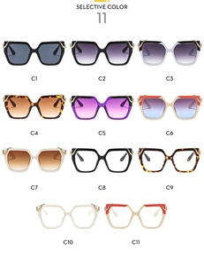 Grid view of trendy square sunglasses in eleven diverse colors with snake-pattern temples