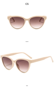 Front and side views of cat eye sunglasses in beige frame with brown gradient lenses