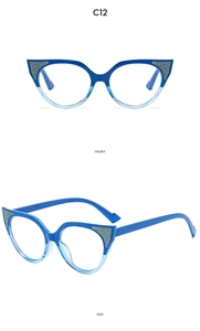 Detailed front and side views of blue gradient cat-eye frames with silver glitter accents