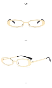 Front and side views of gold vintage oval sunglasses with Y2K metallic frames